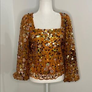 Gold and Orange Sequin Embellished Blouse